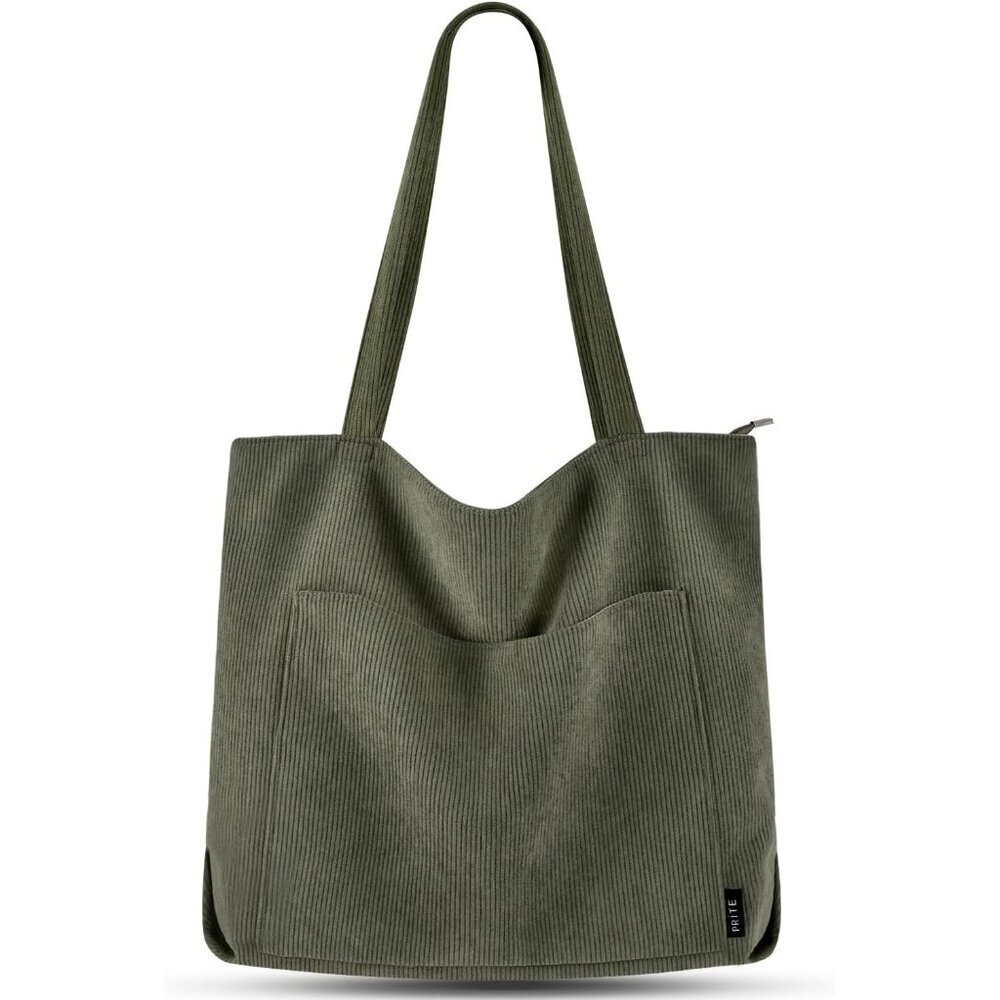 Women Dark Green Corduroy Polyester Lining Shoulder Bag with Zipper And Pockets